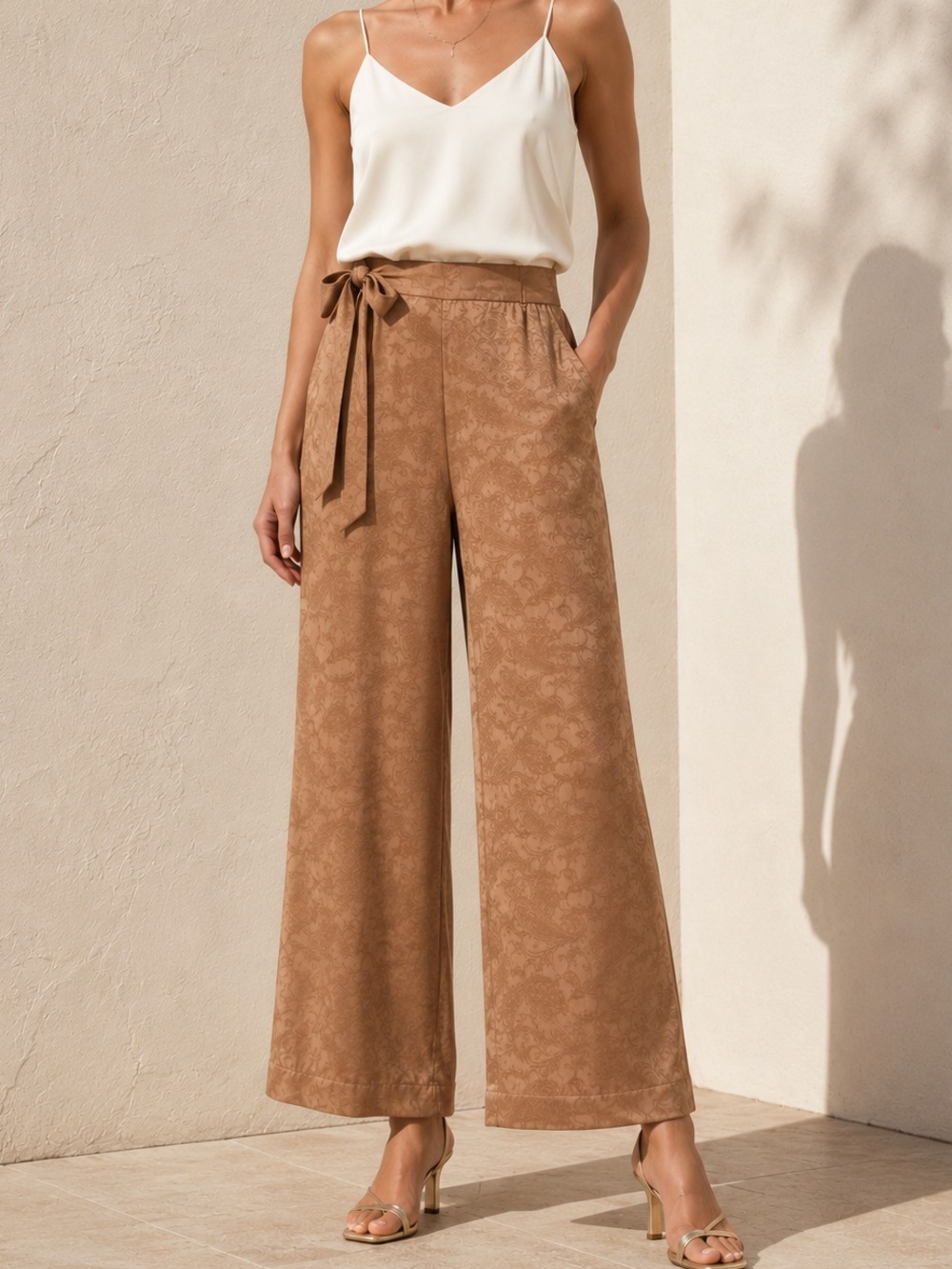 Wilfred Aritzia Faun Paisley Jacquard Wide Leg Tie Waist Pants Tan Small